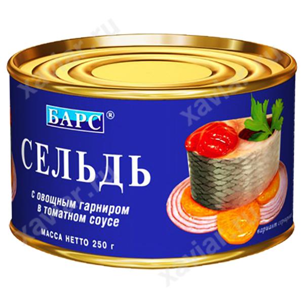 Сельдь натуральная в томатном соусе «Барс», 250 гр.